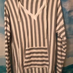 Striped Knit V-Neck Hoodie w/ Kangaroo Pocket